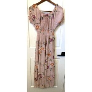 Anthropologie Kindred Tiered Maxi Dress PL Embroidered Smocked Mauve Floral Boho